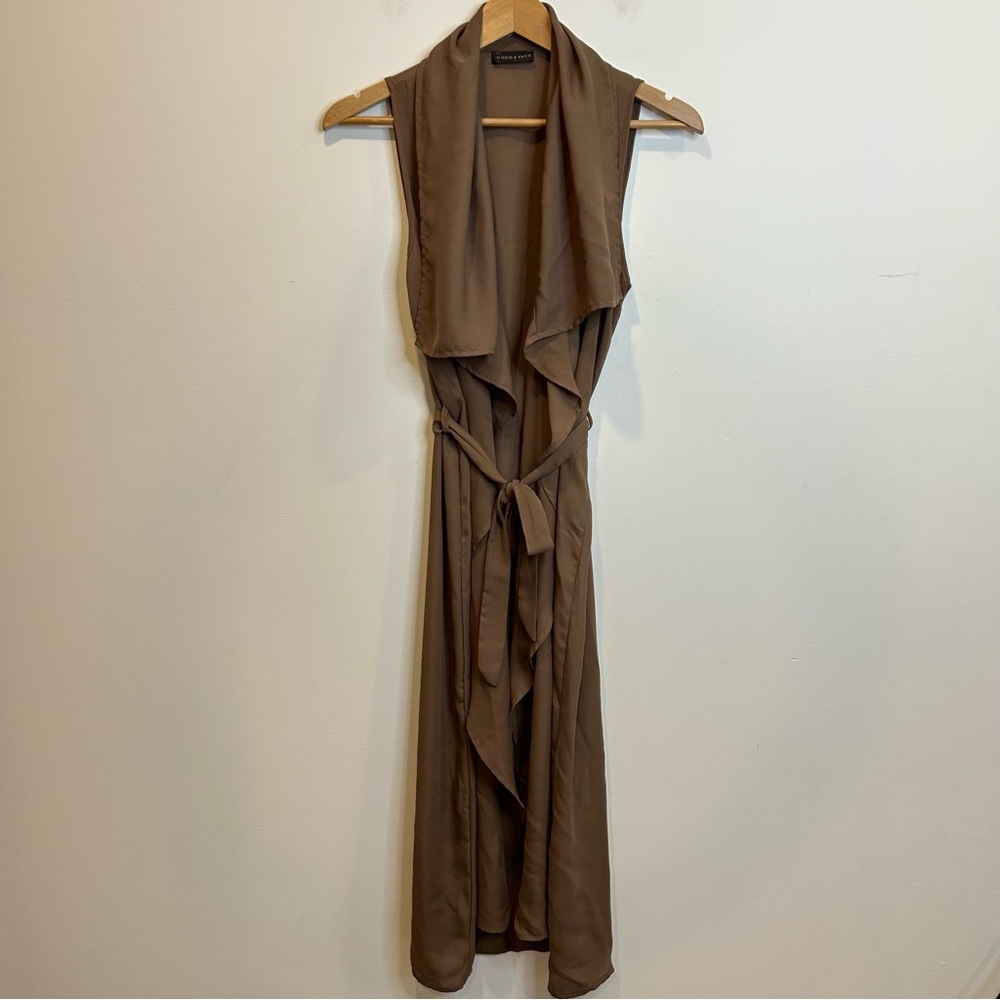 Coco & Yves Belted Sleeveless Long Duster Vest Brown